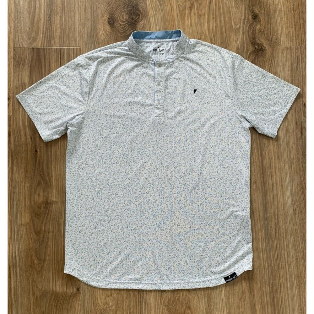 PRIMO Polo Shirt Mens L Blue White Leaf Print Blade Collar Performance Golf